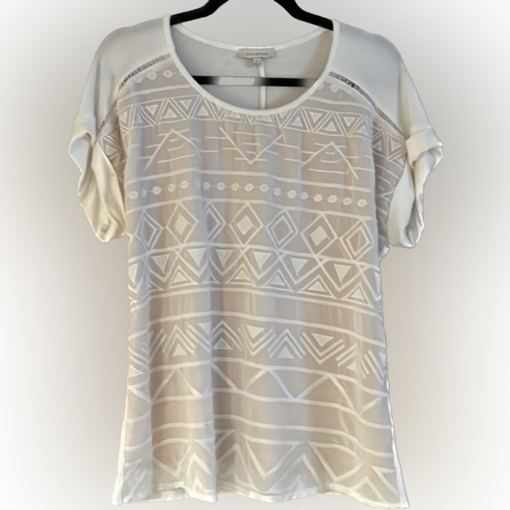 Skies are Blue, White, Blouse, embroidered detail on front. Dress up or down